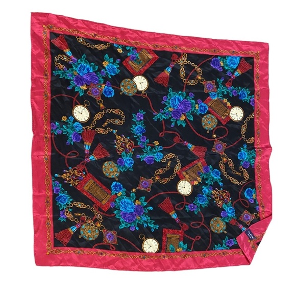 Vintage J.G.HOOK SILK Square Scarf 31”Red Colorful Floral W Chains… - Picture 6 of 13